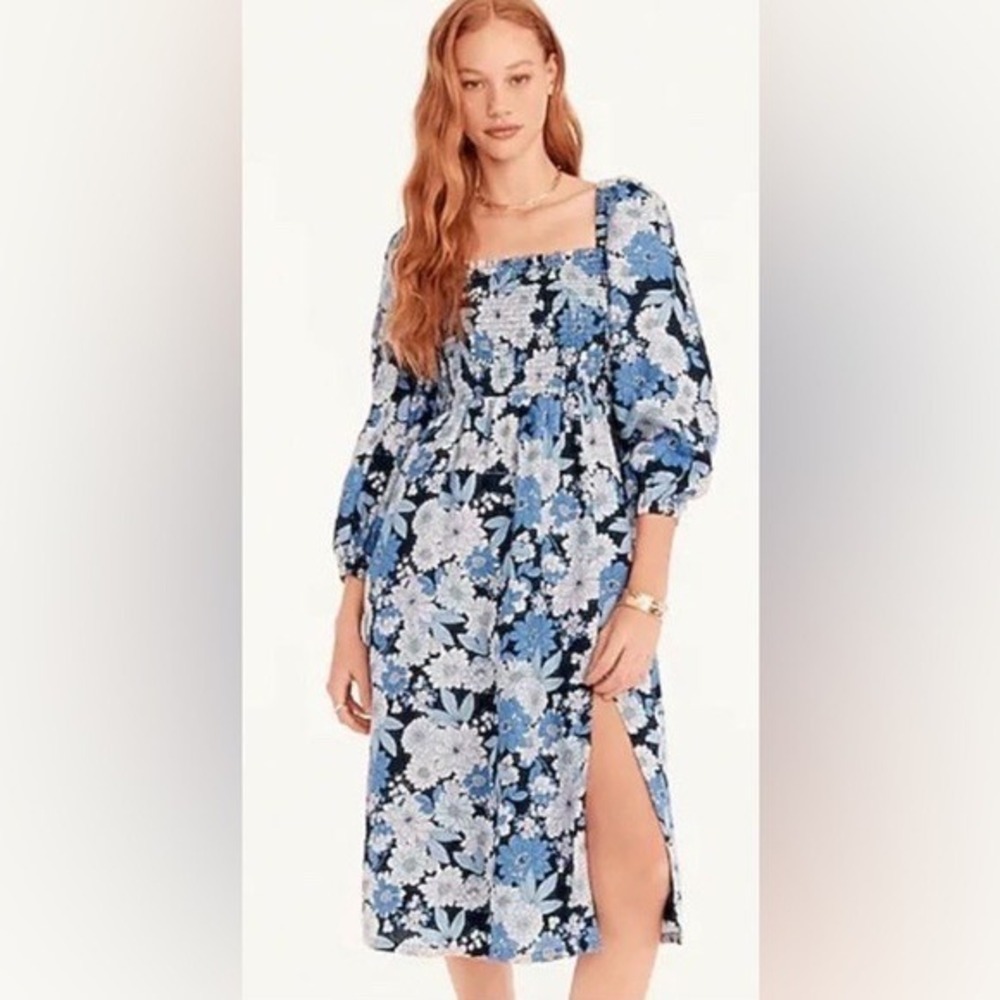 J.Crew Blue Linen Daydream Dress in Zinnia‎ Flora Size M